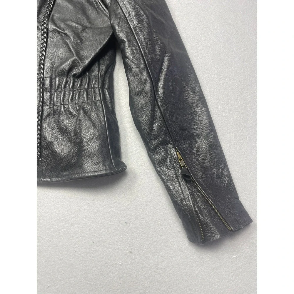 Unbranded Biker Jacket Genuine Leather Black Braided Trim Small Womens